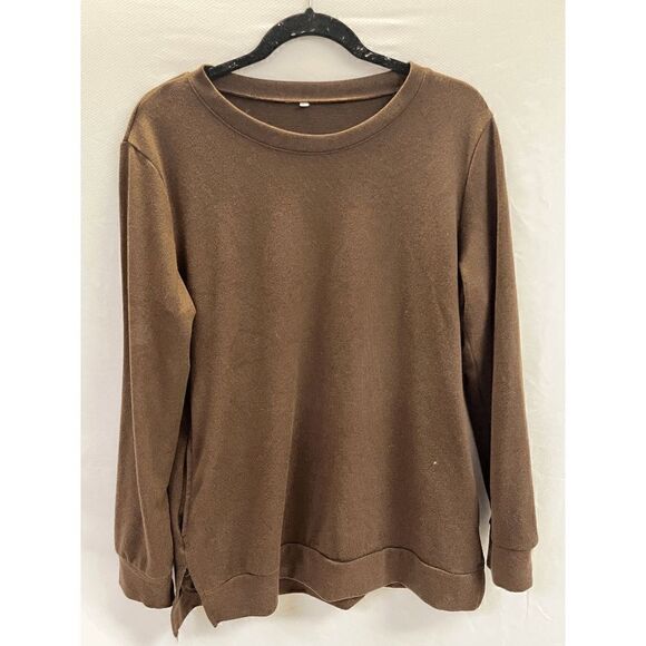 Womens Pullover Crew neck Casual Slit Side Sweatshirt Brown Size Large - Picture 1 of 8